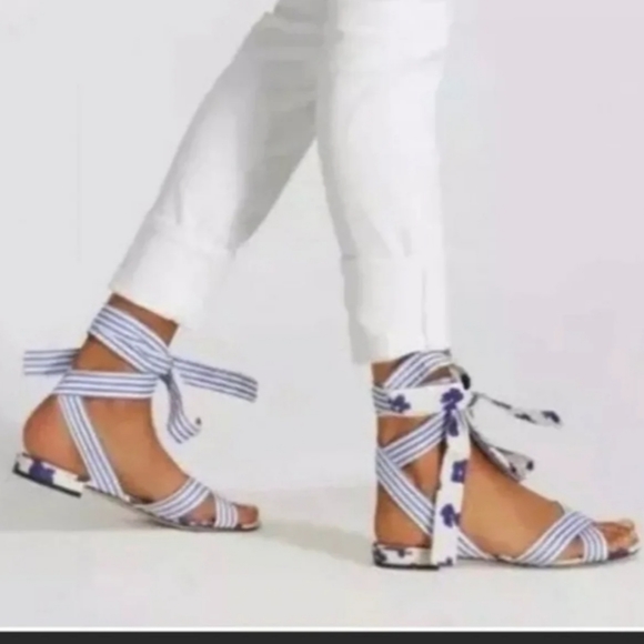 👣CABI 😎Vintage Floral Stripped Tied Up Sandals - Picture 7 of 13